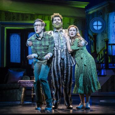David Hunter as Adam Maitland David Fynn as Beetlejuice and Chelsea Halfpenny as Barbara Maitland Johan Persson | MUSICAL TODAY